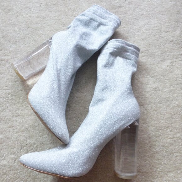 ALDO shimmery silver & white pull on sock mid-ankle boots with "Love" print - Picture 8 of 9